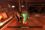 A player interacting with Bob, during the Trick or Treat event, in the Lobby.