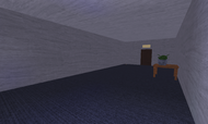 Hallway room with table and small potted plant.